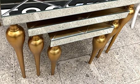 Zigon Sehpa TOMBUL Torna Model Parlak Gold renk Kayın Ayak çizgili  Ayna tabla  El Yapım
