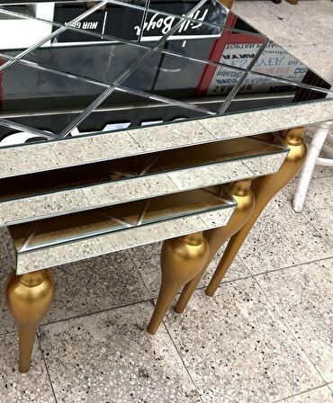 Zigon Sehpa TOMBUL Torna Model Parlak Gold renk Kayın Ayak çizgili  Ayna tabla  El Yapım