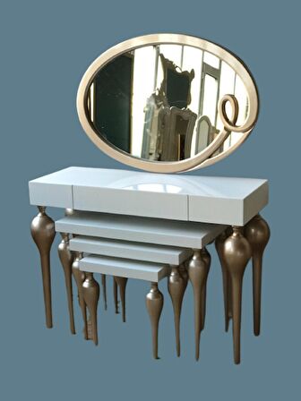Dresuar-ZİGON TOMBUL İmza Oval ayna Model Kayın torna MDF Tabla Parlak GOLD-Beyaz UYUMU El Yapım