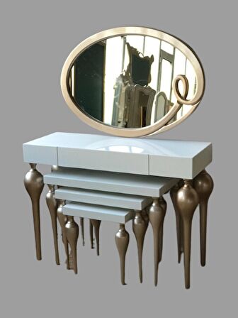 Dresuar-ZİGON TOMBUL İmza Oval ayna Model Kayın torna MDF Tabla Parlak GOLD-Beyaz UYUMU El Yapım