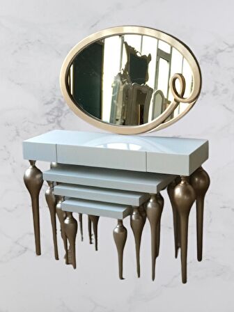Dresuar-ZİGON TOMBUL İmza Oval ayna Model Kayın torna MDF Tabla Parlak GOLD-Beyaz UYUMU El Yapım