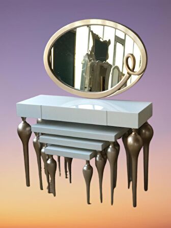 Dresuar-ZİGON TOMBUL İmza Oval ayna Model Kayın torna MDF Tabla Parlak GOLD-Beyaz UYUMU El Yapım