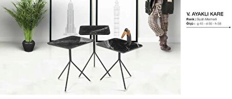 Zigon OSM 18276 KARE Model sehpa Metal V Ayak Parlak Siyah mermer tabla El Yapım
