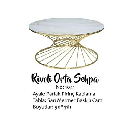 Bengi Brc RiVOLİ Orta Sehpa MODEL 1041 Siyah Mermer Düz Cam Metal Altın renk Kaplama Ayak El Yapım