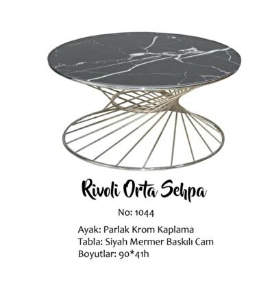 Bengi Brc RiVOLİ Orta Sehpa MODEL 1044 Siyah Mermer Düz Cam Metal Gümüş renk Kaplama Ayak El Yapım