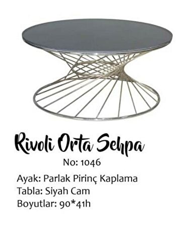 Bengi Brc RiVOLİ Orta Sehpa MODEL1046 Siyah Düz Cam Metal Transmisyon Gümüş renk Kaplama Ayak El Yapım
