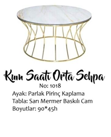 Bengi Brc KUM SAATİ Orta sehpa Model  1018 BEYAZ MERMER TEMPER Cam Meta Gold Renk Kaplama El Yapım