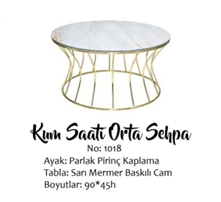 Bengi Brc KUM SAATİ Orta sehpa Model  1018 BEYAZ MERMER TEMPER Cam Meta Gold Renk Kaplama El Yapım
