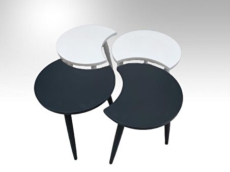 Zigon-Orta ST Sehpa Takım HİLAL Model Parlak Antrasit Beyaz Renk Kayın RETRO Ayak