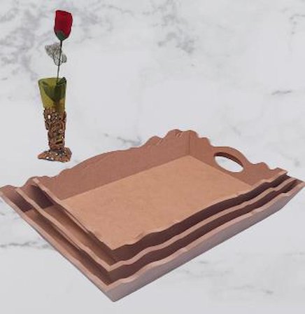 Hobi Dekoratif Model Üçlü Tepsi Seti Dalgalı Kenar Ahşap HAM MDF El Yapımı