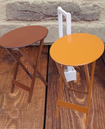 Çanta Zigon Sehpa Oval Model İkili Takım Ahşap Mdf Hardal ve Ceviz Renk Uyumu El Yapımı 