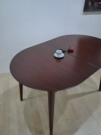 Masa Oval 90641 Retro Ayak Model Kayın Retro Açılır Parlak Ceviz Tabla El Yapım