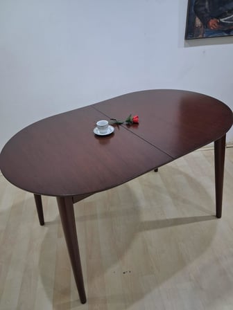 Masa Oval 90641 Retro Ayak Model Kayın Retro Açılır Parlak Ceviz Tabla El Yapım