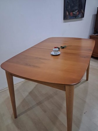 Masa Oval 90642 Retro Ayak Kayın Retro Açılır Parlak Açık Ceviz Tabla El Yapım