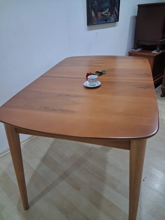 Masa Oval 90642 Retro Ayak Kayın Retro Açılır Parlak Açık Ceviz Tabla El Yapım