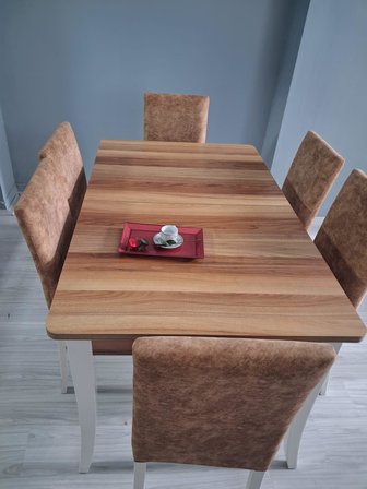 Masa Sandalye Mizan 90656 Ceviz Tabla Kırık Beyaz Ayak 6 Adet Sandalye
