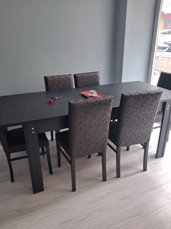 Masa Sandalye Sarmaşık 90657 Siyah Masa Suni Deri Döşeme 6 Adet Sandalye