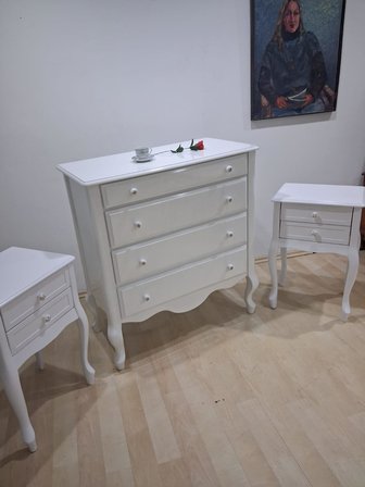 Şifonyer 2 Adet Komodin 90668 Model Aslan Ayak Kayın Parlak Beyaz Porselen Kulp