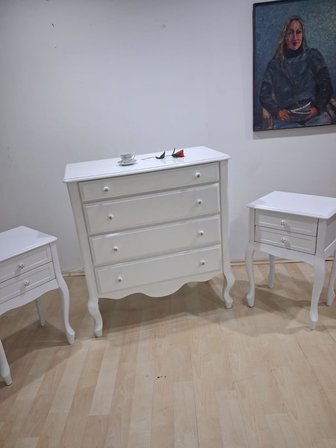 Şifonyer 2 Adet Komodin 90668 Model Aslan Ayak Kayın Parlak Beyaz Porselen Kulp