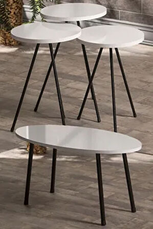 Zigon Sehpa Ve Orta Sehpa Set Metal Elips Beyaz