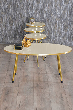 Zigon Sehpa ve Orta Sehpa Elips Gold Metal Ayak Gold Krem Set