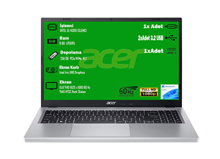 Acer Aspire 3 A315-510P-39S1 Intel I3-N305 8 GB Ram 256 GB SSD 15.6” FHD W11 HOME NX.KDHEY.008