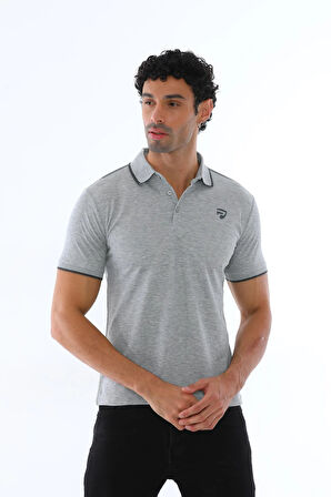 Erkek Gri Melanj Amerikan Pike Kumaş Polo Yaka Ribana Kollu Kısa Kol T-shirt - 144