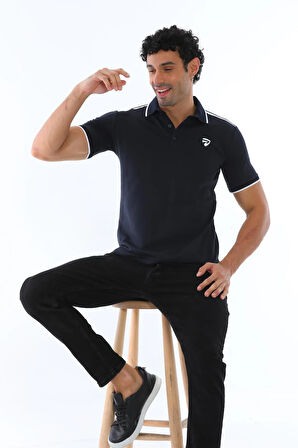 Erkek Lacivert Amerikan Pike Kumaş Polo Yaka Ribana Kollu Kısa Kol T-shirt - 144