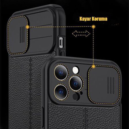 Gpack Apple iPhone 14 Pro Max Kılıf Kamera Sürgülü Deri Dokulu Mat Silikon