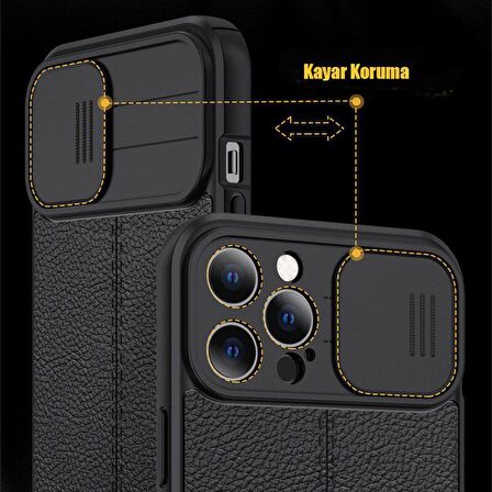 Gpack Apple iPhone 14 Kılıf Kamera Sürgülü Deri Dokulu Mat Silikon