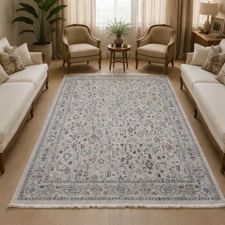 Krem Eskitme Otantik Desenli Saçaklı Polip Tabanlı Modern Halı 200X290 Cm
