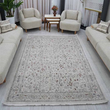 Krem Eskitme Otantik Desenli Saçaklı Polip Tabanlı Modern Halı 200X290 Cm
