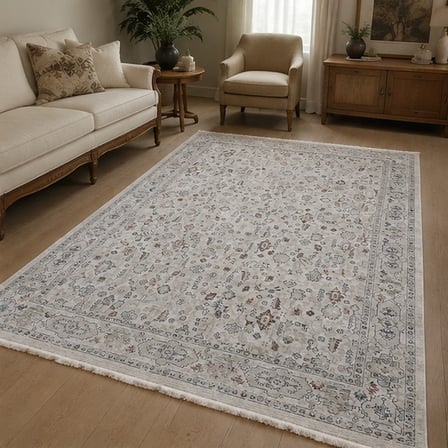 Krem Eskitme Otantik Desenli Saçaklı Polip Tabanlı Modern Halı 200X290 Cm