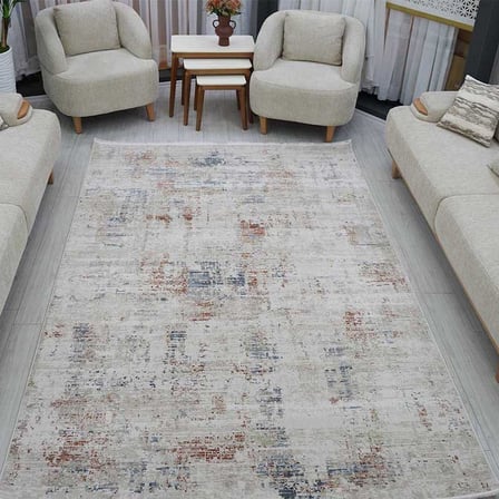 Otantik Modern Eskitme Saçaklı Salon Halısı Krem Antrasit Kiremit 200x290 cm