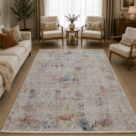 Otantik Modern Eskitme Saçaklı Salon Halısı Krem Antrasit Kiremit 200x290 cm