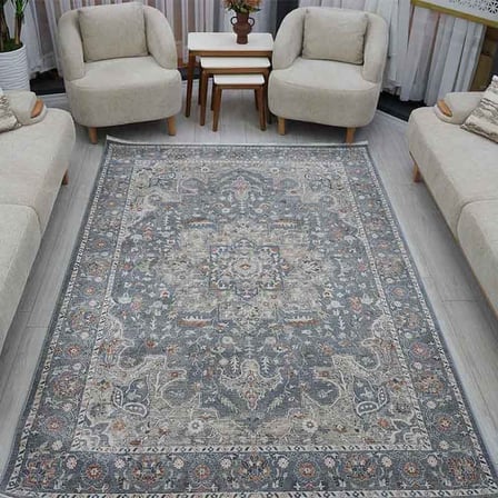 Otantik Klasik Madalyonlu Saçaklı Dokuma Salon Halısı Antrasit Gri Kiremit 200x290 cm