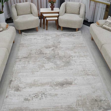Otantik Modern Mermer Desenli Saçaklı Dokuma Salon Halısı Krem Bej Gri 200x290 cm