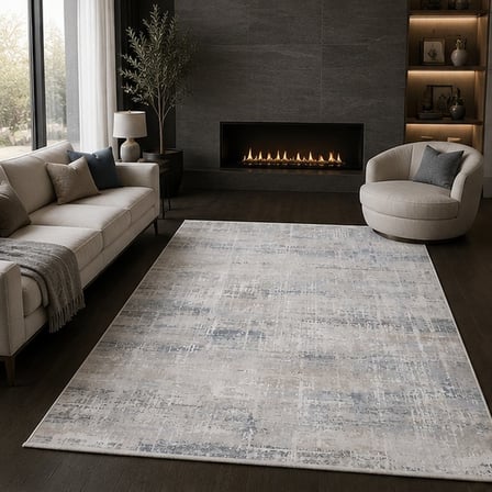 Otantik Modern Çizgili Saçaklı Dokuma Salon Halısı Krem Gri Mavi 200x290 cm