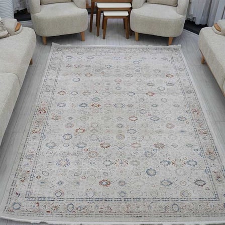 Otantik Modern Eskitme Saçaklı Dokuma Salon Halısı Krem Mavi Kiremit 200x290 cm