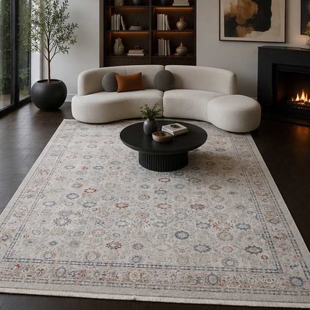Otantik Modern Eskitme Saçaklı Dokuma Salon Halısı Krem Mavi Kiremit 200x290 cm