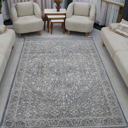 Otantik Eskitme Mikro Desenli Saçaklı Dokuma Salon Halısı Antrasit Gri Kiremit 200x290 cm