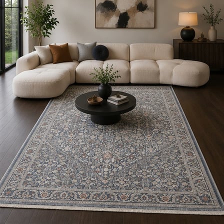 Otantik Eskitme Mikro Desenli Saçaklı Dokuma Salon Halısı Antrasit Gri Kiremit 200x290 cm