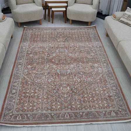 Otantik Geleneksel Eskitme Saçaklı Dokuma Salon Halısı Kiremit Taba Antrasit 200x290 cm