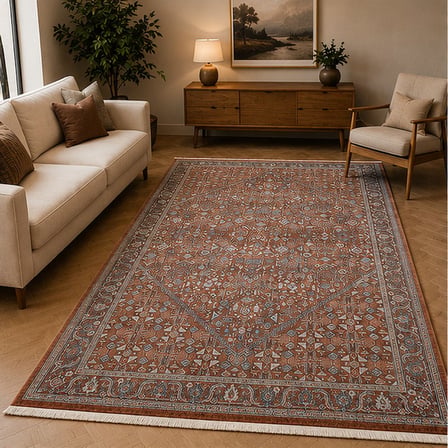 Otantik Geleneksel Eskitme Saçaklı Dokuma Salon Halısı Kiremit Taba Antrasit 200x290 cm