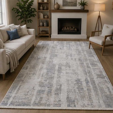 Otantik Modern Soyut Çizgili Saçaklı Dokuma Salon Halısı Krem Gri Antrasit 200x290 cm