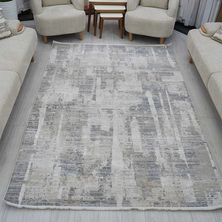 Otantik Modern Soyut Çizgili Saçaklı Dokuma Salon Halısı Krem Gri Antrasit 200x290 cm