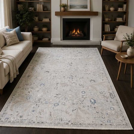 Otantik Modern Çiçek Desenli Saçaklı Dokuma Salon Halısı Krem Gri Mavi 200x290 cm