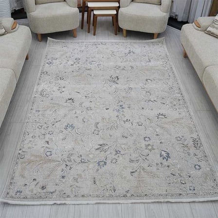 Otantik Modern Çiçek Desenli Saçaklı Dokuma Salon Halısı Krem Gri Mavi 200x290 cm