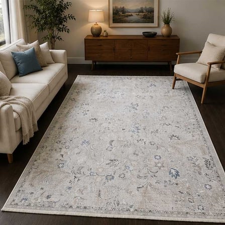 Otantik Modern Çiçek Desenli Saçaklı Dokuma Salon Halısı Krem Gri Mavi 200x290 cm