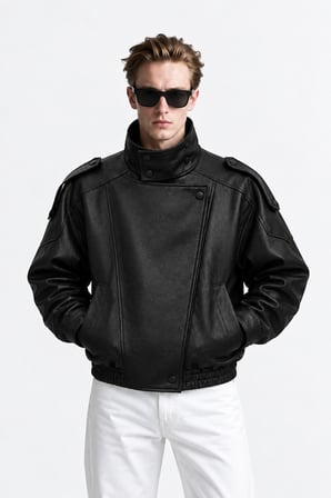 Erkek Oversize Rahat Kalıp Siyah Suni Deri Ceket-002419